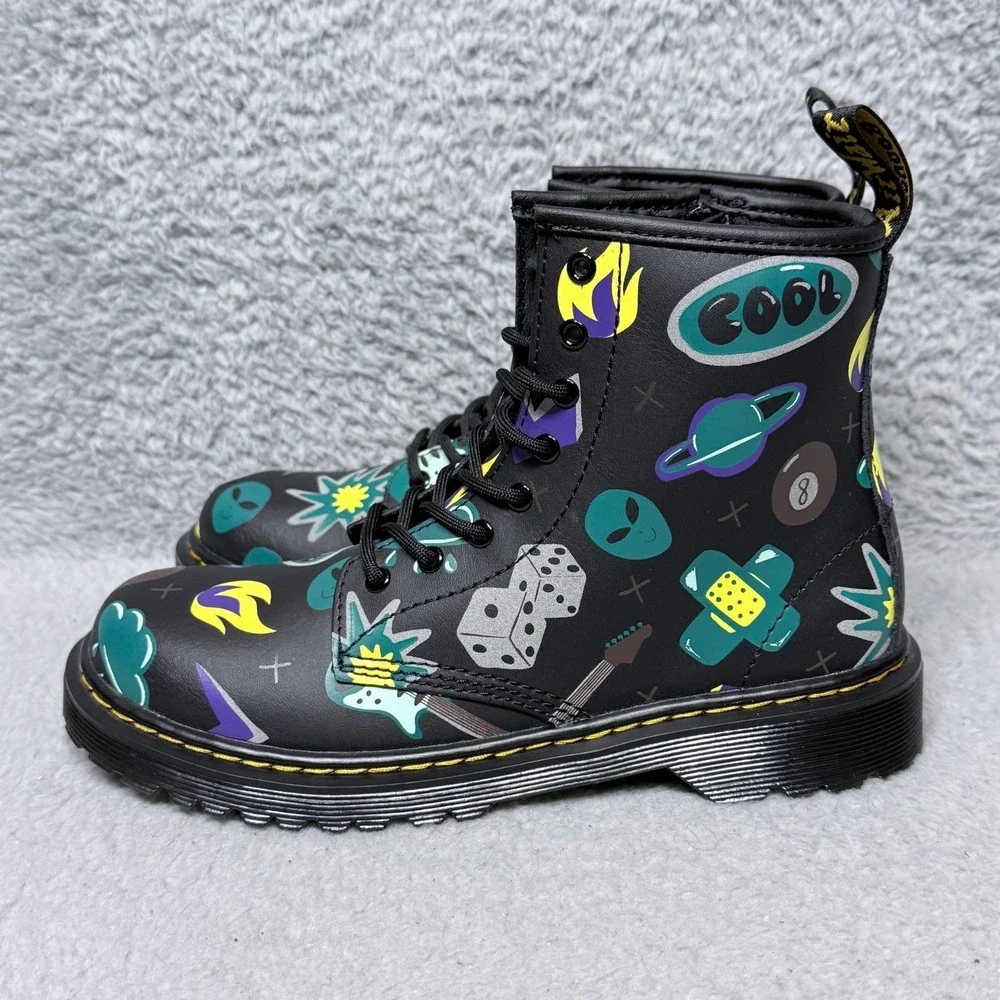 Dr.‎ Martens 1460 Sticker Print Kids Size 4 Combat Boots Black Leather